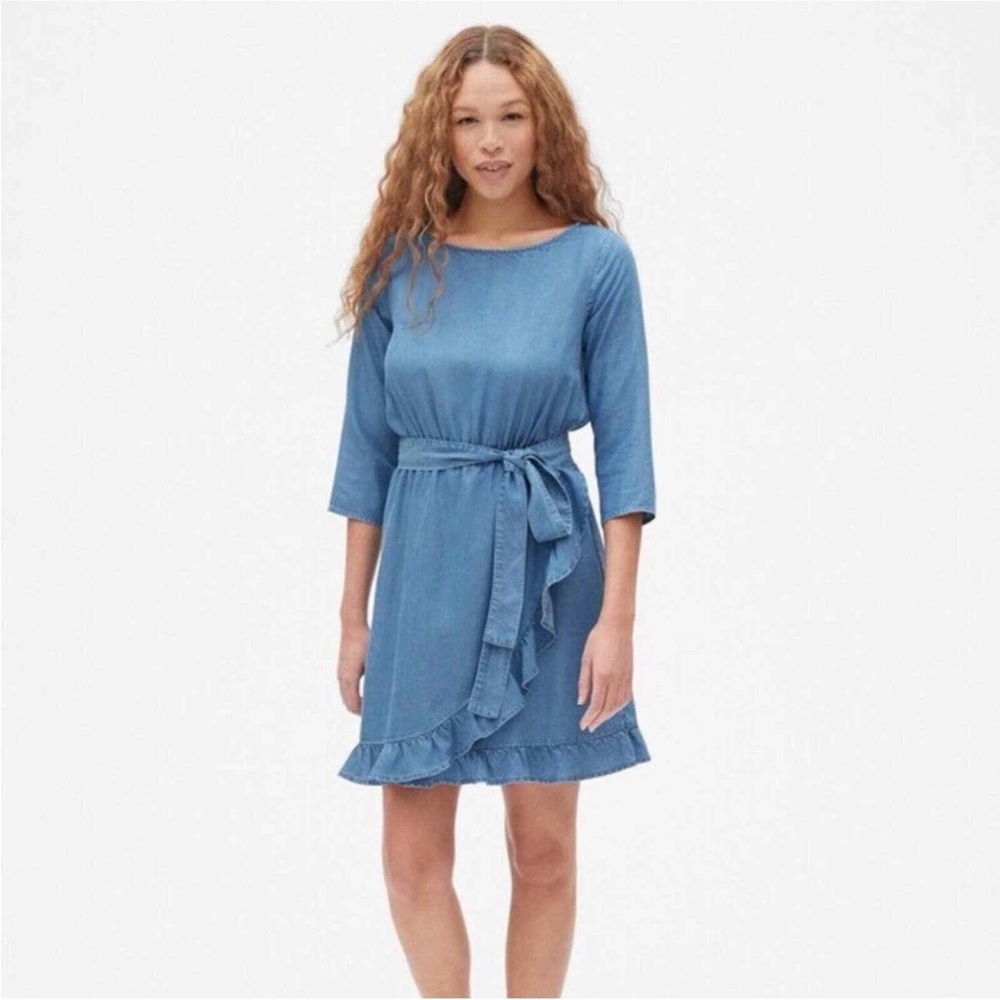 GAP Tall Chambray Lyocell Ruffle‎ Faux Wrap Dress Size L Tall